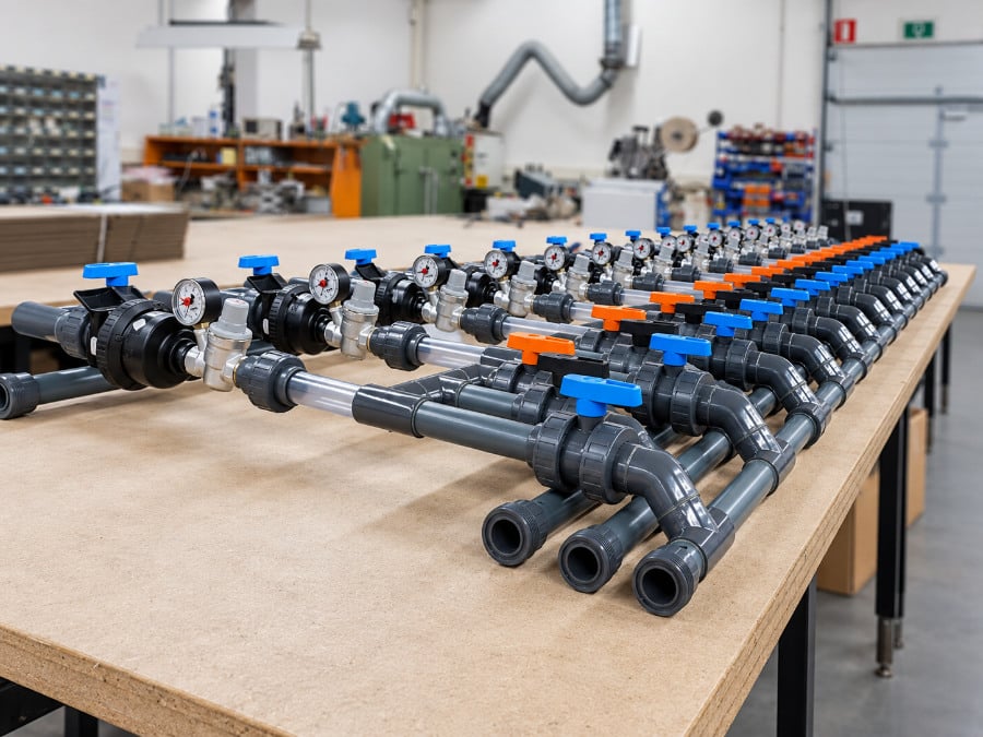 Geassembleerde leidingdelen met afsluiters in de werkplaats van Ropro Productie